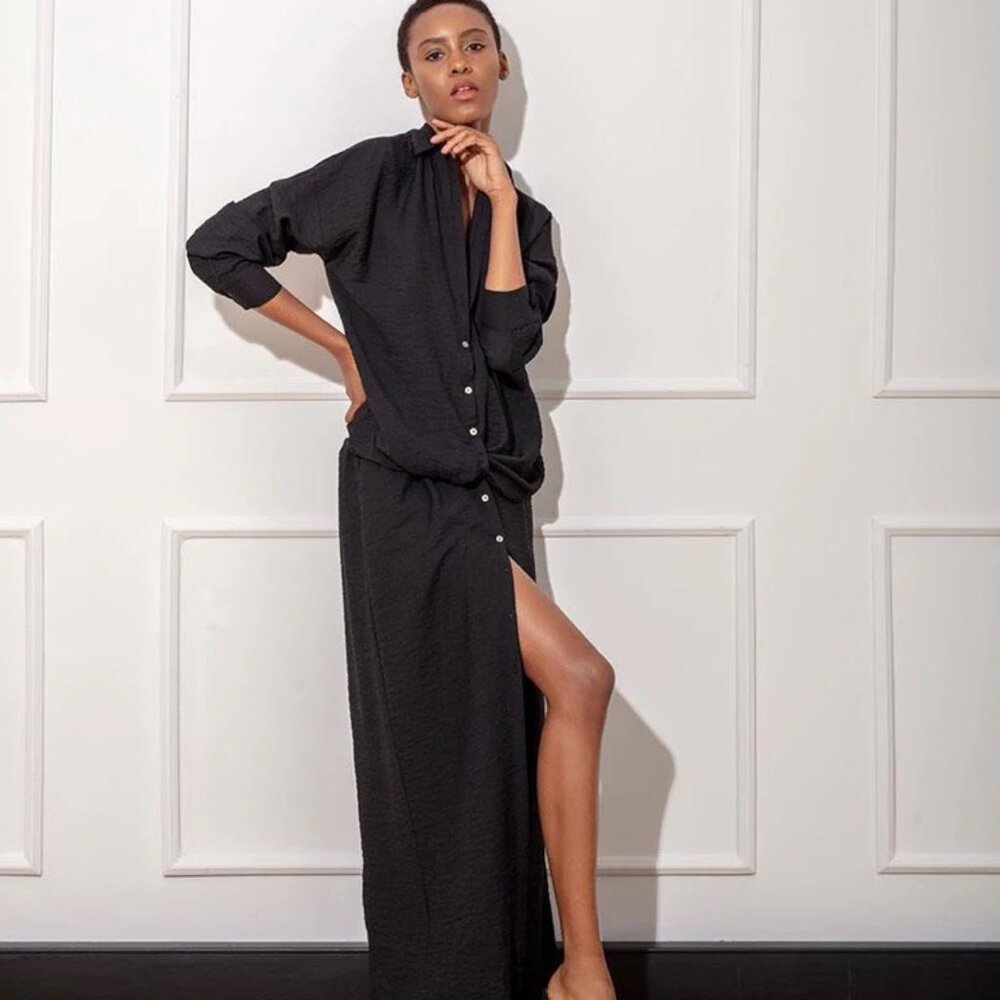 Women Crown Linen Design Sz small  shirt dress NWT satin black